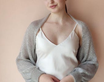 Bolero de mohair plateado con lentejuelas, chaqueta de novia, cárdigan de punto brillante, elegante capa para los hombros, chal de novia ligero.
