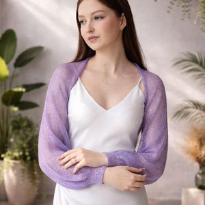 Mohair Knit Wedding Bolero Shrug with  Micro Sequins and Lurex – Light Purple Bridal Cape, Shining Lilac Wedding Dress Topper