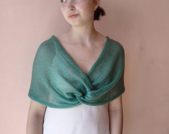 Salie groene mohair sjaal, zijden mohair bruids wrap, zachte bruiloft schouderomslag, bruids stola, bruiloft gast sjaal, gebreide wrap