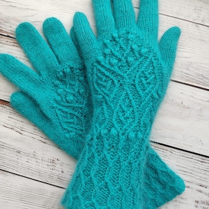 Handknit Blue Wool Gloves: Elegant Winter Mittens, Cozy Gift, Arm Warmers Fall