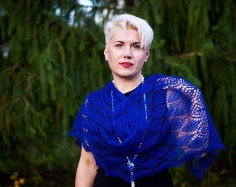 Chal de mohair azul real, estola nupcial de encaje, bufanda de boda, chal para la madre de la novia, elegante estola de punto para la noche, capa de mohair hecha a mano