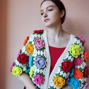 Floral Granny Square Crochet Cardigan,Handmade Boho Rose Jacket for Women,Summer Country Style Shirt,Crochet Rose Coat,Flower Patchwork Coat