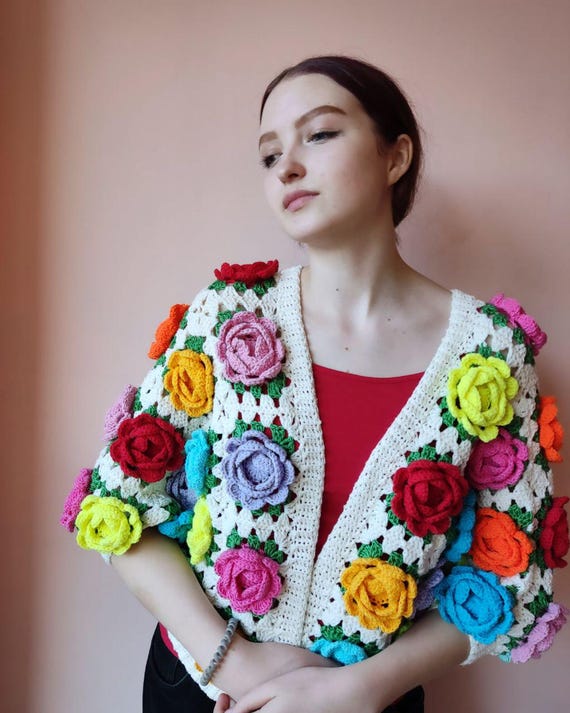 Granny Square Cardigan Pink Rose Cardigan Tubilayka Crochet