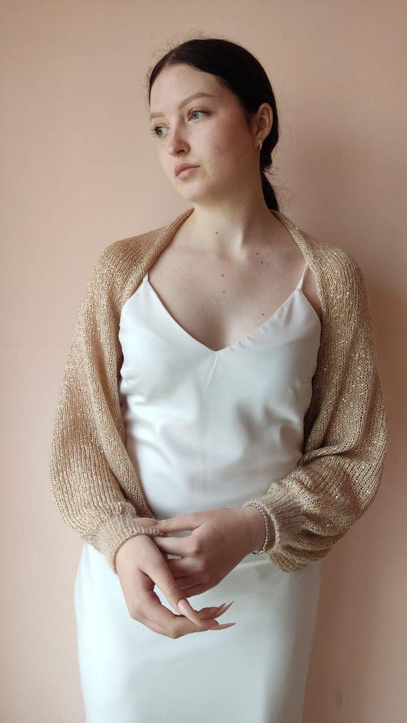 golden shrug for dresses Inspire Chic Women's Casual Long Sleeves Collarless Sequin Open Front Bolero Crop Shrug Jacket S Gold, Size: Small, Silver
