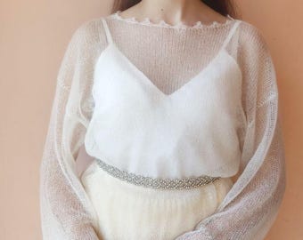 Elegant White Mohair Bridal Sweater, Handknit Lace Wedding Top, Lightweight Mohair Pullover, Knit Lace Bride Sweater, Wedding Dress Topper
