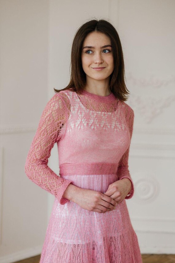 Hand Knit Pink Mohair Lace Dress: Unique Wedding Prom Gown, Warm Winter Dress, Pink evening dress