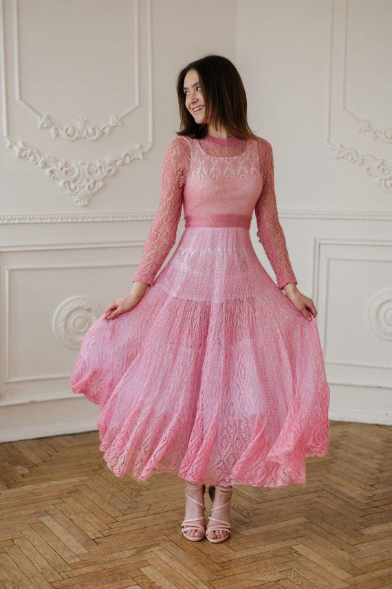 Pink Mohair Knit Wedding Dress: Handmade Crochet Lace Cottagecore Gown, Pink Evening Dress