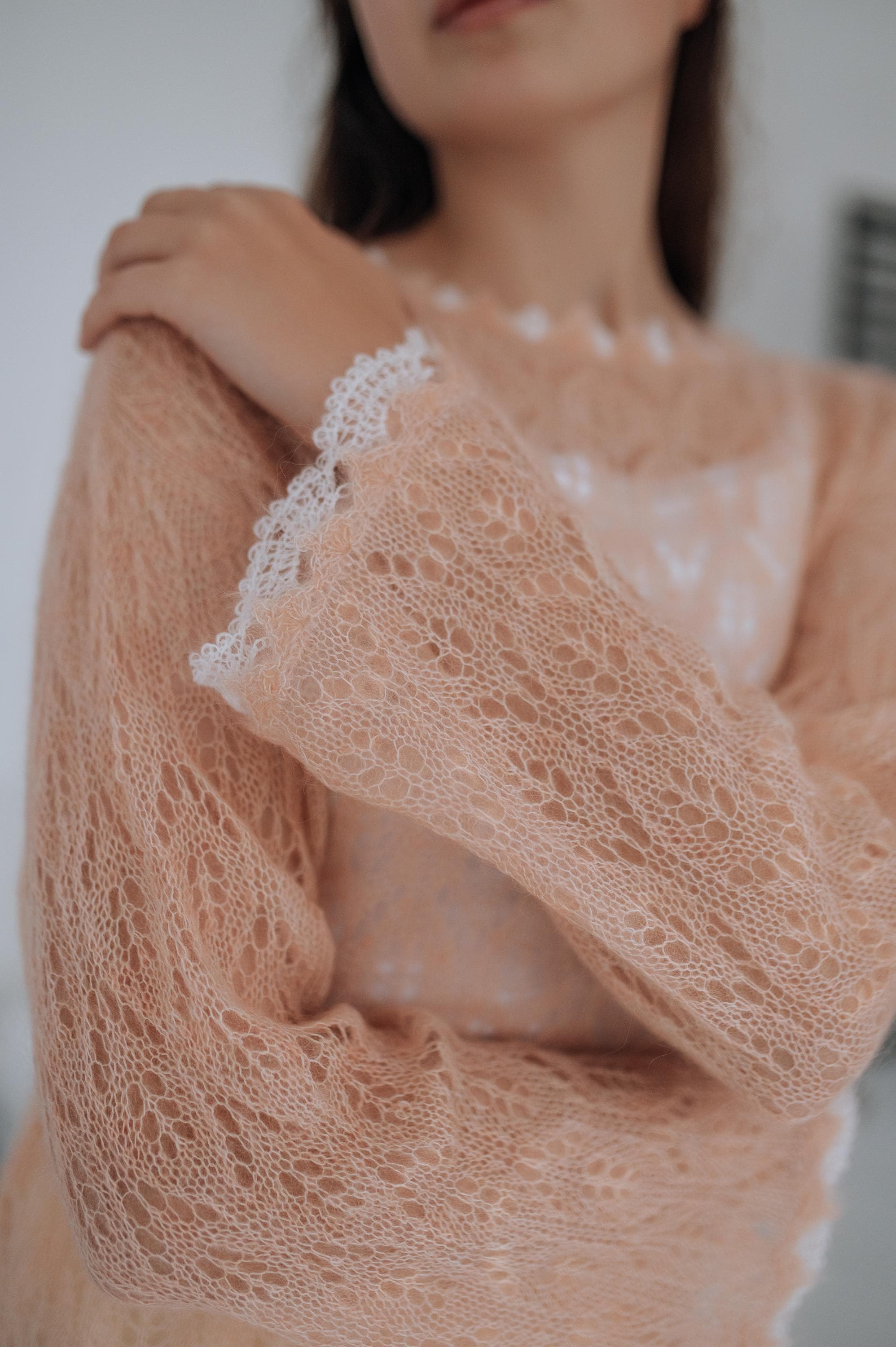 Women's Mohair Sweater in Peach, Handmade Bridal Knit with Flower Detail, Lightweight Wear, Knit Sweater, Women's Sweater, Mohair Sweater