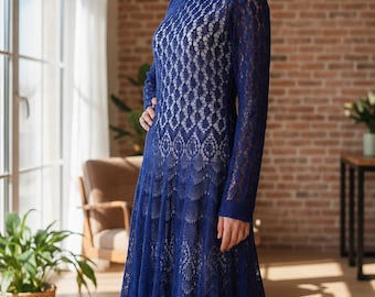 Handknit Blue Mohair Lace Dress: Romantic Openwork Gown, Warm Winter Dress, Blue Evening Dress