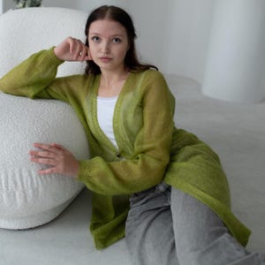オーバーサイズグリーンモヘアカーディガン、ロングクロシェモヘアコート、オープンフロントニットジャケット、アップルグリーンスプリングカーディガン、ハンドメイドレディースニットウェア