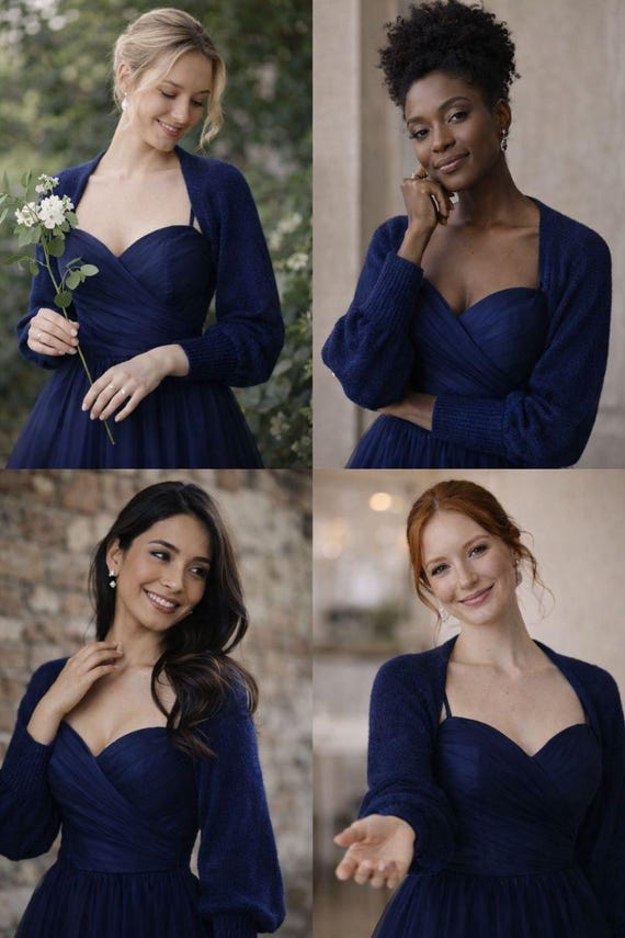 Navy Blue Bolero Shrug – Merino Wool & Mohair Bridal Cape, Puff Sleeve Knit Shrug With High Cuffs, Handmade Wedding Dress Topper