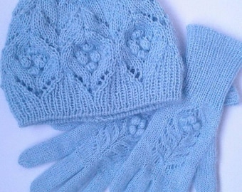 Knitted Blue Hat and Gloves, Warm Gift, Wool Gloves, Knit  Gloves, Knit Hat, Beanie, Handmade Gloves, Alpaca hat, Lace Gloves, Alpaca Beanie