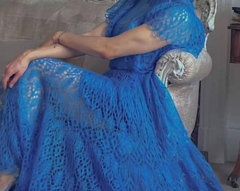 Handmade Blue Mohair Lace Wedding Dress: Openwork Bridal Gown, Blue evening dress
