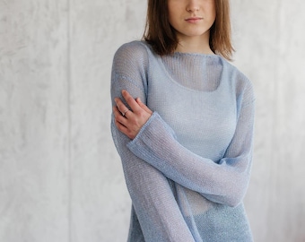 Elegant Handknitted Blue Mohair Wedding Sweater, Long Sleeve Sheer Bridal Jumper, Soft Mohair Pullover, Blue Knit Bolero, Lace Bride Sweater