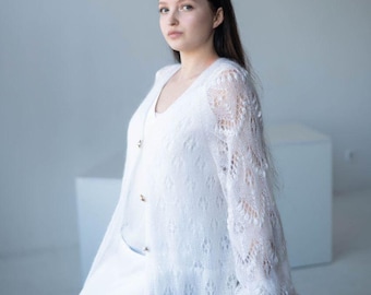 Bridal Mohair Cardigan, White Lace Wedding Sweater, Handmade Bridal Cover Up, Soft Wedding Jacket, Bride Dress Topper