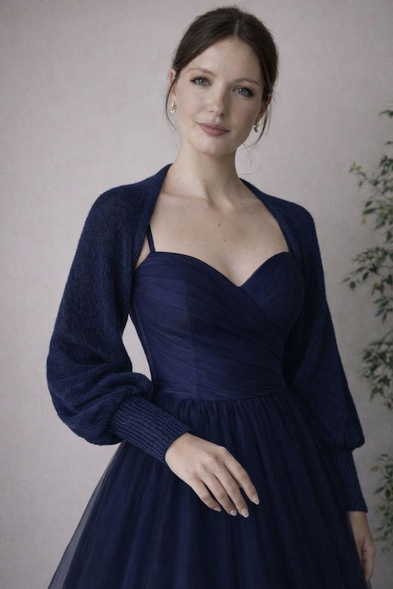 Navy Blue Bolero Shrug - Merino Wool & Mohair Bridal Cape, Puff Sleeve Knit Shrug with High Cuffs, Handmade Wedding Dress Topper