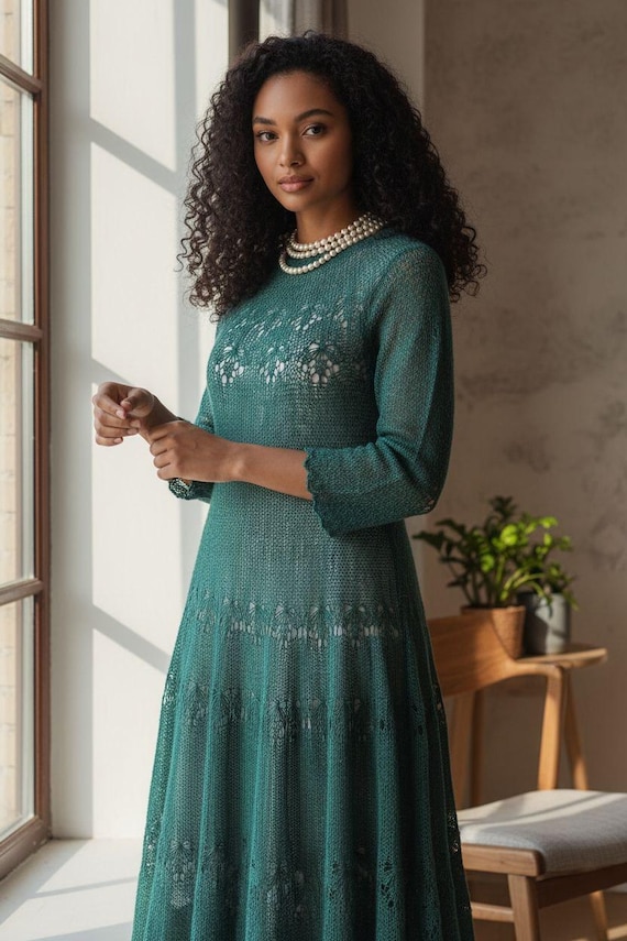 Dark Green Knitted Mohair Dress - Winter Lace Gown, Bridesmaid or Wedding Guest Dress, One of a Kind Handknit Evening Dress