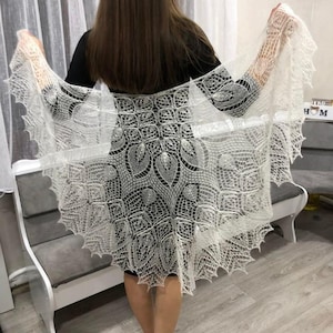 White Mohair Lace Bridal Shawl: Hand-Knit Wedding Wrap