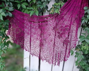 Burgundy Mohair Lace Wedding Shawl: Hand-Knitted Bridal Wrap