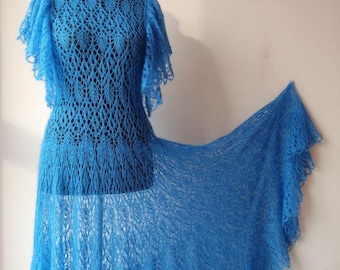 Handcrafted Blue Mohair Lace Dress: Openwork Knit Gown, Warm Winter Dress,  Blue Evening Dress