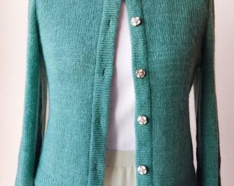 Green Alpaca Merino Blend Cardigan, Hand-Knit Cropped Sweater with Button, Short Wool Bridal Jacket, Handmade Fall Knitwear, Wedding Topper