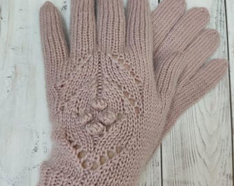 Pink Knit Merino Wool Gloves for Women, Handmade Winter Gift, Soft Warm Knitted Gloves, Cozy Wool Handwear, Feminine Wool Winter Accessory