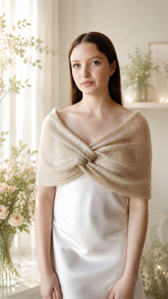 Champagne Mohair Bridal Wrap, Wedding Shawl with Delicate Sequins, Soft Silk Mohair Shoulder Cover, Bridal Cover Up, Bridesmaid Wrap