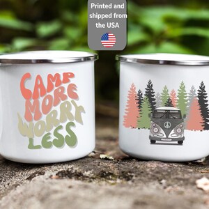 Enamel Camping Mug - Camp More Worry Less, Outdoor Adventure Cup, Nature Lover Gift, Campsite Coffee Mug, Wanderlust Campfire Mug