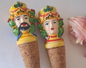 SET Sicily Testa di Moro X2 Sicilian ceramic wine bottle stopper, bottle stopper set