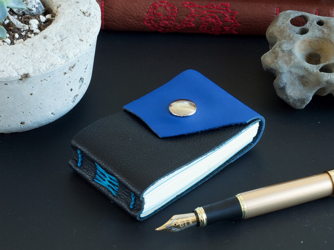 Mini Handmade Minibook Leather Journal Notebook Black and Blue Leather
