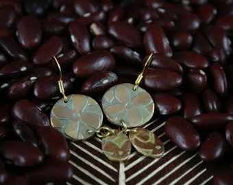 Bronze dangle earrings Flower patterned medallions 14kt gold filled ear wires Handmade Bronze Flower Limited Edition Series