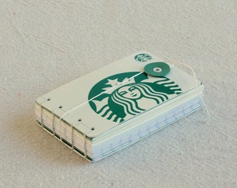 Mini handmade notebook mini-book Repurposed Starbucks gift card cover Classic mermaid Green white Cotton cord closure 288 pages mixed papers