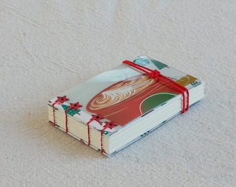 Handmade mini-book notebook Repurposed Starbucks gift card size Christmas themed mugs design Red green 128 pages blank mixed media paper