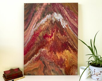 32x24in Molten Cone Rising 1 Original abstract acrylic painting Rising red orange yellow black ripples Metallic streaks Gallery wrap canvas