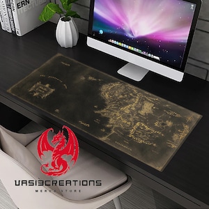 Tapis de bureau carte du Seigneur des anneaux - Tapis de souris gaming de la Terre du Milieu, tapis de souris XL - Frodon, Gandalf, design - Tapis de bureau personnalisable pour gamers
