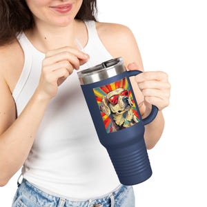 Pop Art Dog Insulated Travel Mug, Cool Puppy Illustration Cup, Large 40oz Tumbler, Retro Sunglasses Coffee Flask, Unique Gift for Dog Lovers