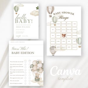 Könnte beinhalten: Ein Set Babyparty-Papeterie in neutralen Farben. Das Design umfasst Einladungen, ein Bingospiel und ein "Wer bin ich?"-Spiel, alle mit Heißluftballons und einer Teddybär-Illustration. Der Text "hello BABY!" ist sichtbar.