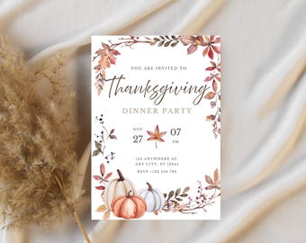 May include: Thanksgiving dinner party invitation with watercolor pumpkins and fall foliage. The invitation reads "You are invited to Thanksgiving Dinner Party" with the date November 27th and the time 7 PM.