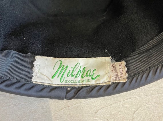 Milbrae Black Felt Vintage Hat, Red Feather, Rhin… - image 8