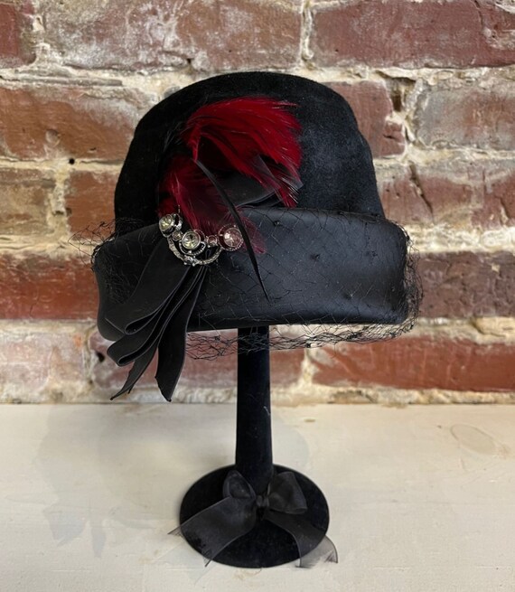 Milbrae Black Felt Vintage Hat, Red Feather, Rhin… - image 2