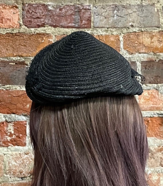 Vintage Black Straw Topper Hat, Veil, Small Flowe… - image 7