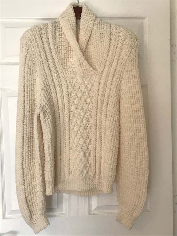 1980s Hand Knit Acrylic Cable Knit Shawl Collar Sw