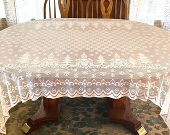 Lace Christmas Tablecloth Snowflakes, Santa, Reindeer, 61 x 106