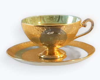 24 Karat Gold & Platinum Porcelain Teacups Saucers, Set of Four, Made in Czechoslovakia Rare