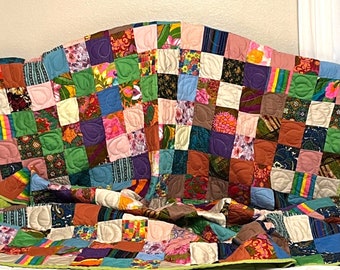 Scrap Quilt, Multi-Colored Squares with Lime Backing, Vintage 66 x 82.