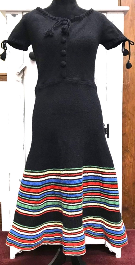 Vintage Hand Knit Home Made Black Dress Colorful S