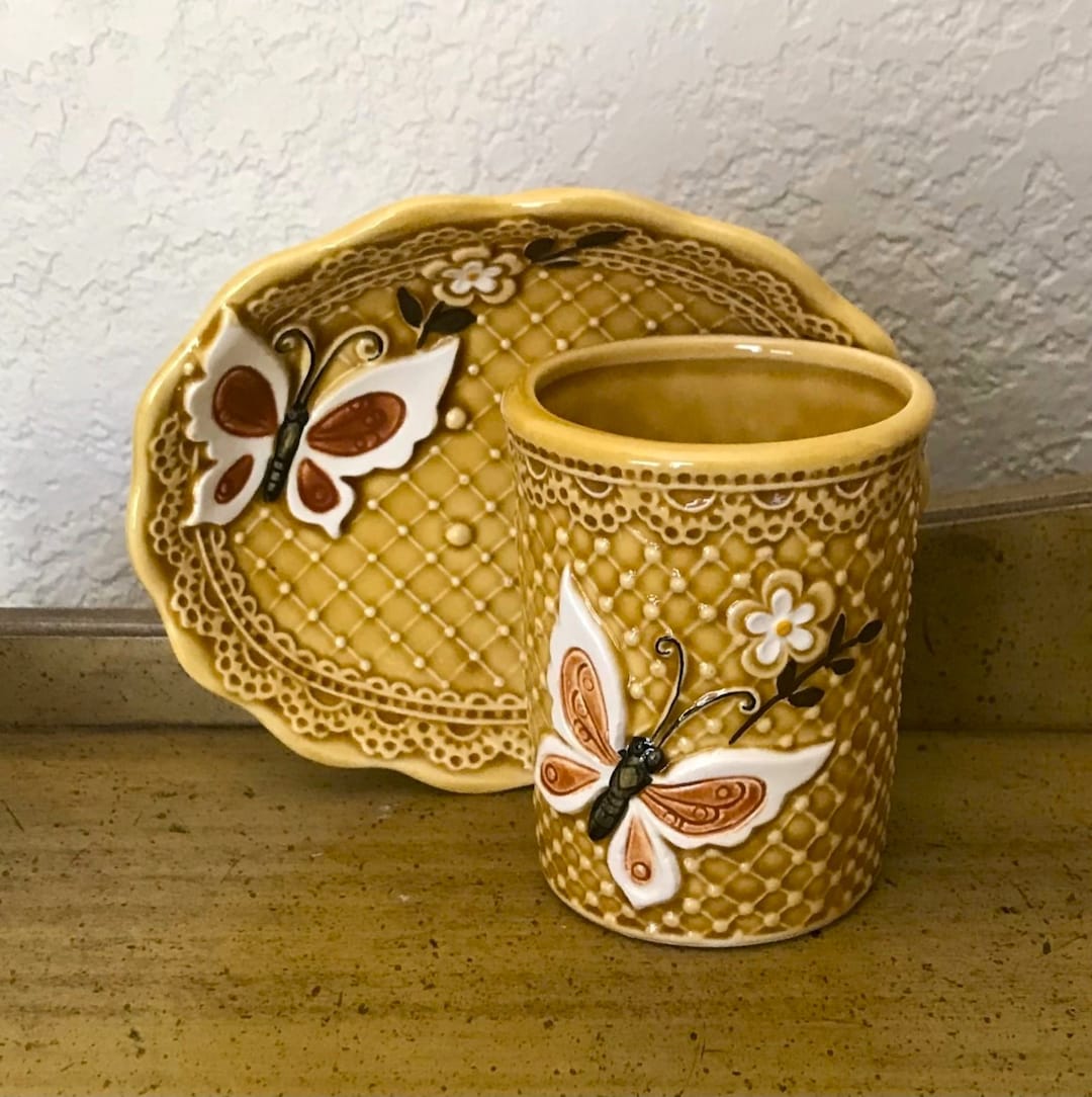 Vintage Ceramic Harvest Gold Bathroom Set Butterfly Design Etsy