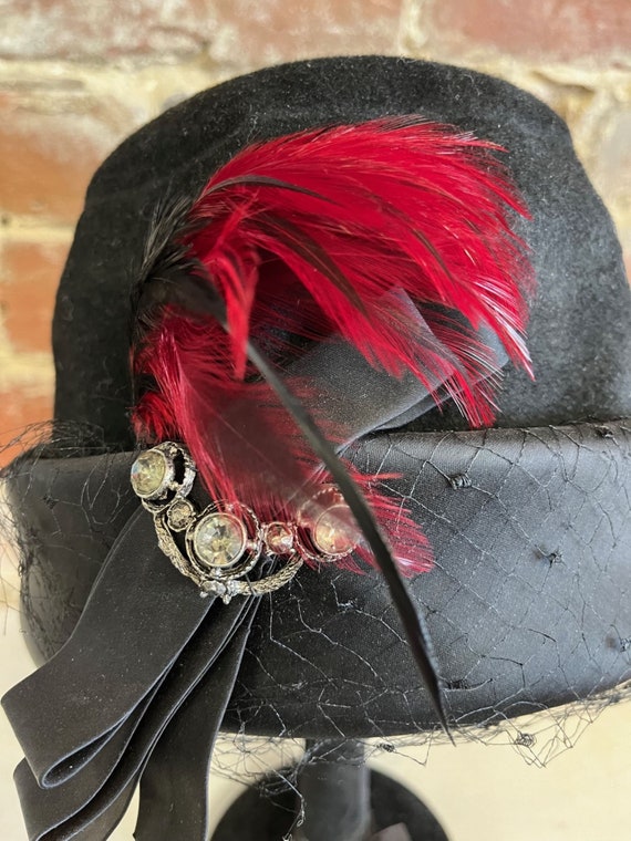 Milbrae Black Felt Vintage Hat, Red Feather, Rhin… - image 4