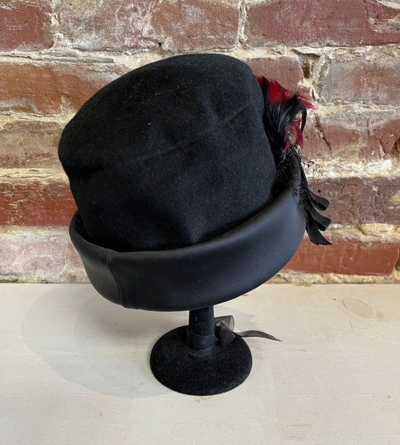 Milbrae Black Felt Vintage Hat, Red Feather, Rhin… - image 7