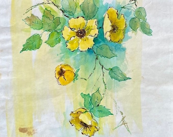 Original Watercolor Signed, Yellow Flowers, 1973